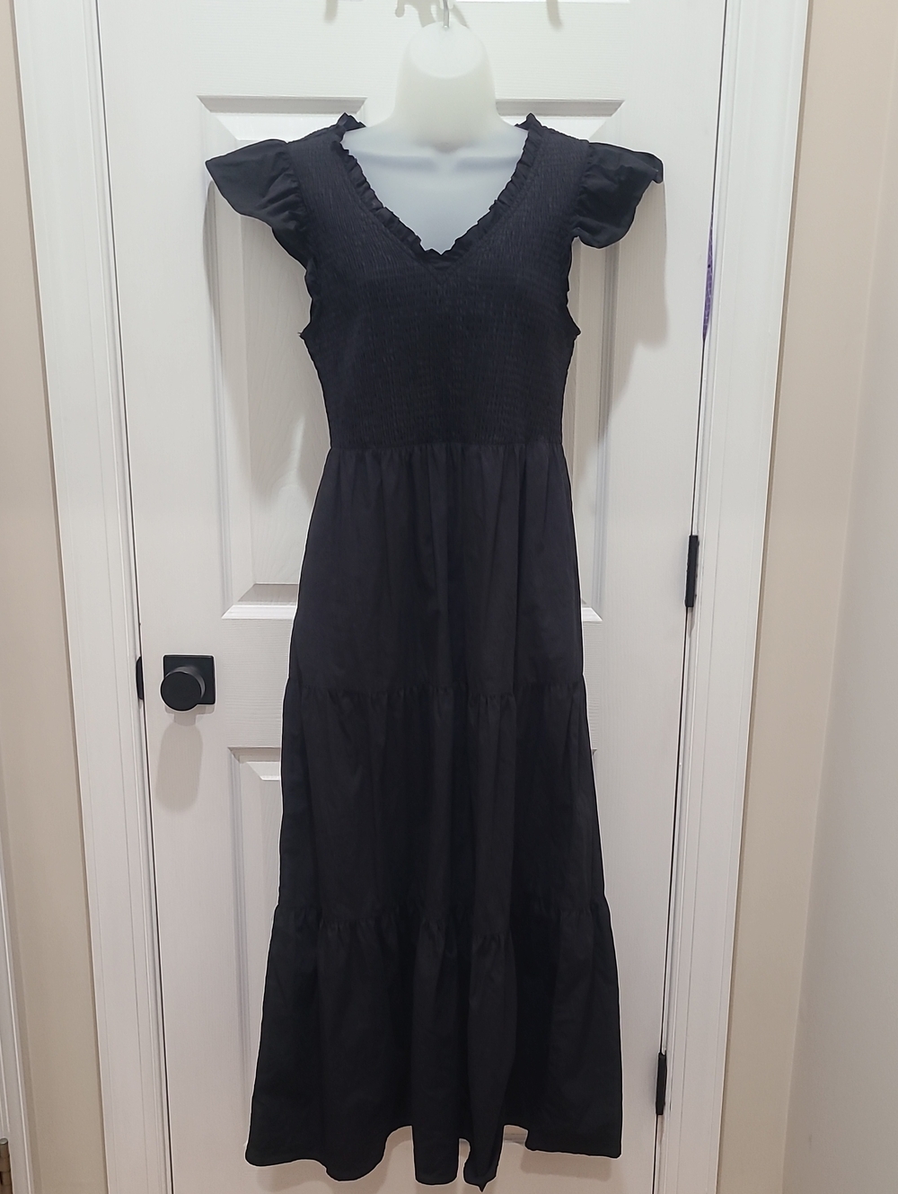 Sugarlips Black Smocked V-Neck Tiered Maxi Dress with Flutter Sleeves